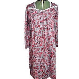 Woman's Sweet Treasures lace trim paisley long sleeve cozy button up nightgown L